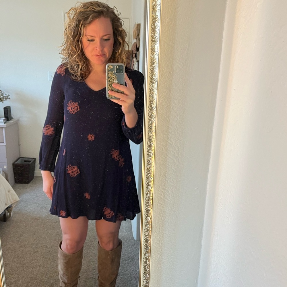 Anthropologie-Style Boho Navy Long Sleeve Floral Dress